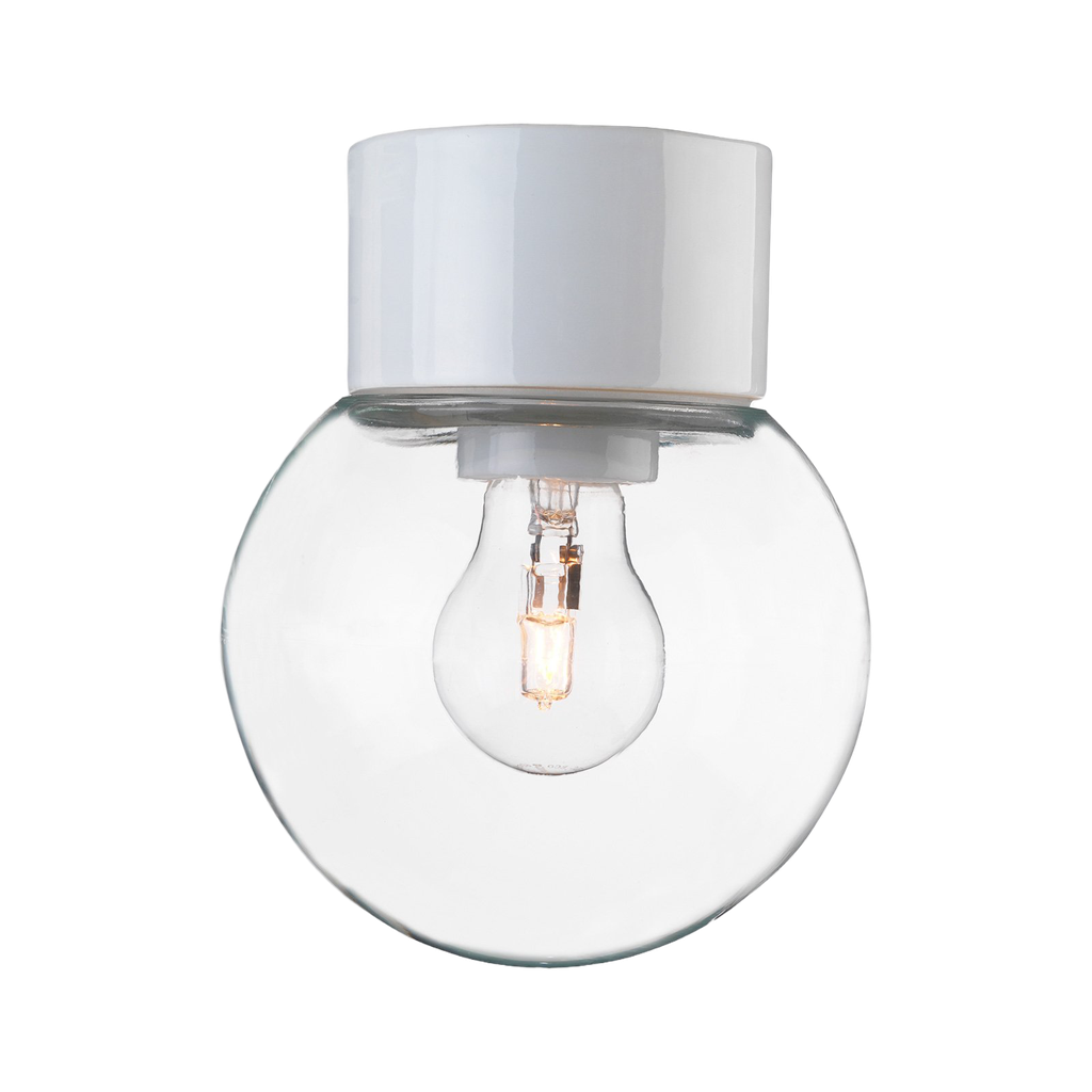 Classic Glob, valkoinen, kirkas lasikupu Ø 150 mm, IP54, E27, 75W, kierre 84,5 mm