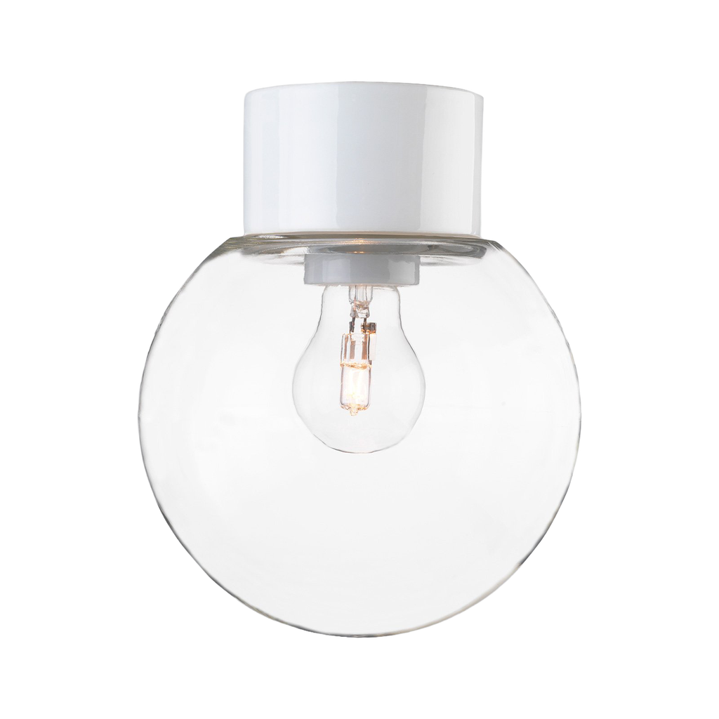 Classic Glob, kirkas lasikupu Ø 180 mm, valkoinen, suora, IP54, kierre 84,5 mm, E27, 75W,