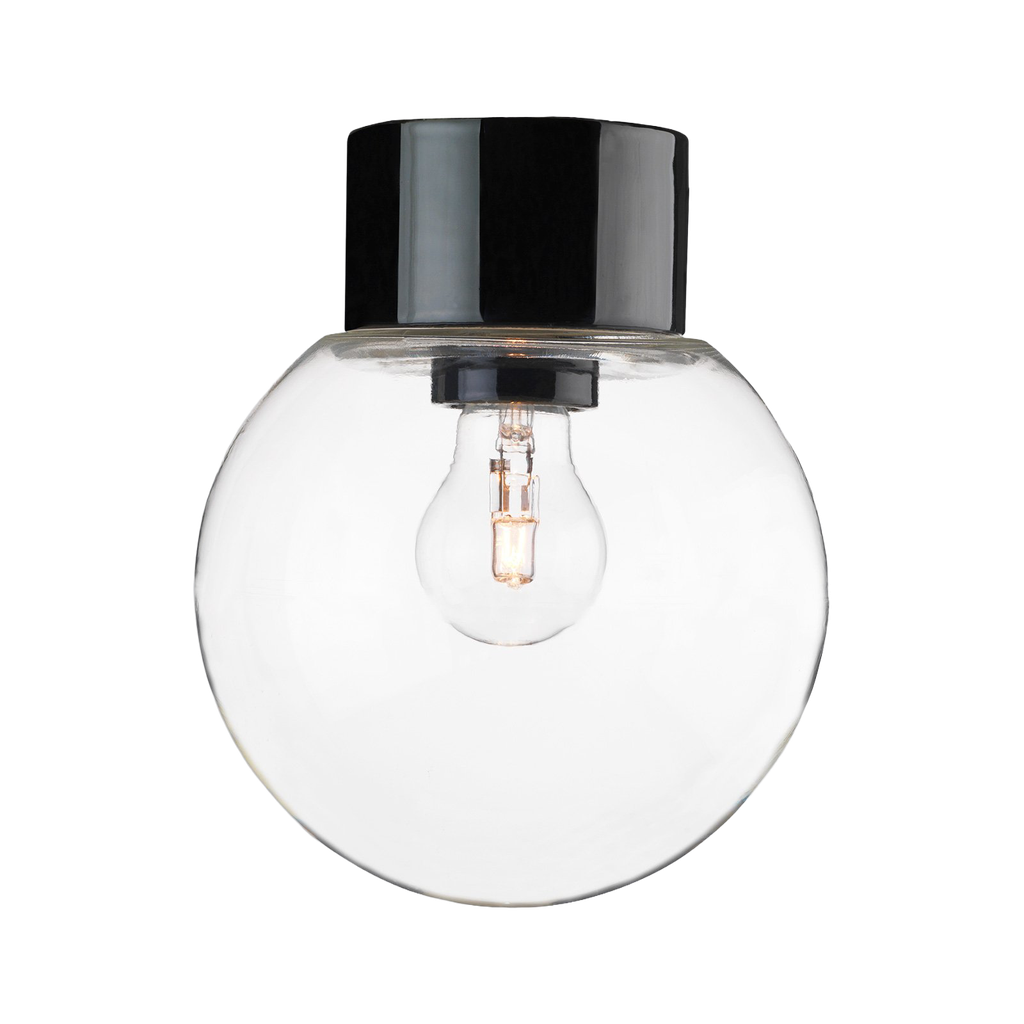 Classic Glob, kirkas lasikupu Ø 180 mm, musta, suora, IP54, kierre 84,5 mm, E27, 75W,