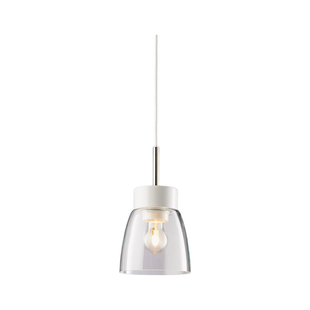 Posliininen riippuvalaisin Smycka malli Klara Valkoinen posliinivalaisin valkoisella kangasjohdolla kirkas kartionmallinen kupu E27 IP20