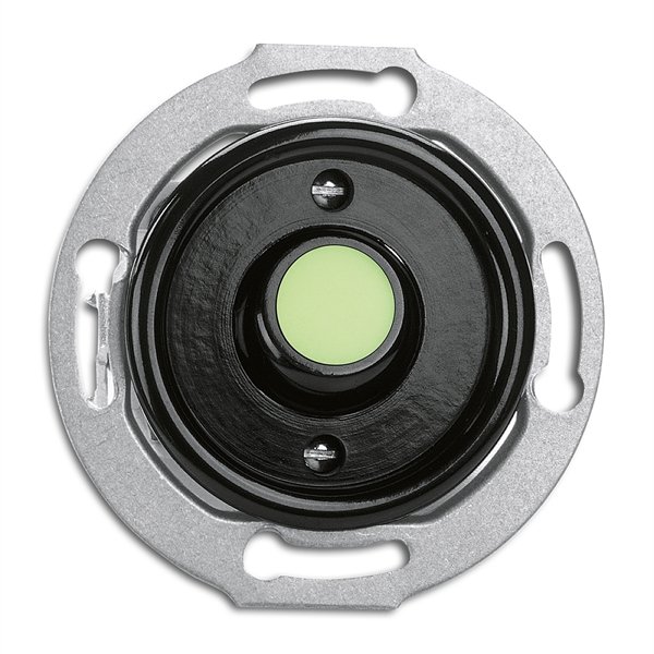 Impulssikytkin merkkivalolla, ilman symbooli. Musta bakeliitti.