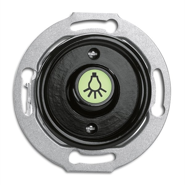 Impulssikytkin merkkivalolla, lampun symbooli. Musta bakeliitti.