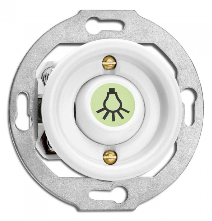 Impulssikytkin merkkivalolla, lampun symbooli. Valkoinen posliini.