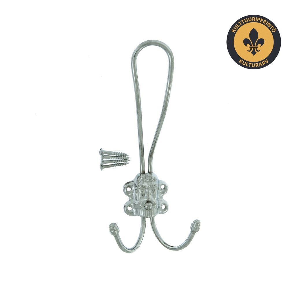 Hattu- ja vaatekoukku, "Ukkokoukku". Niklattu teräs.