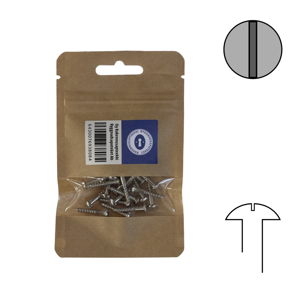 Haponkestävä uraruuvi A4 3,5X20 DIN 96 Kupukanta, 20kpl/ pakkaus.