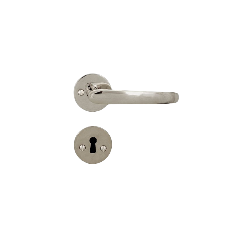 Ovenpainike, 1960-luvun malli, uuteen oveen, niklattu messinki, avainkilvillä