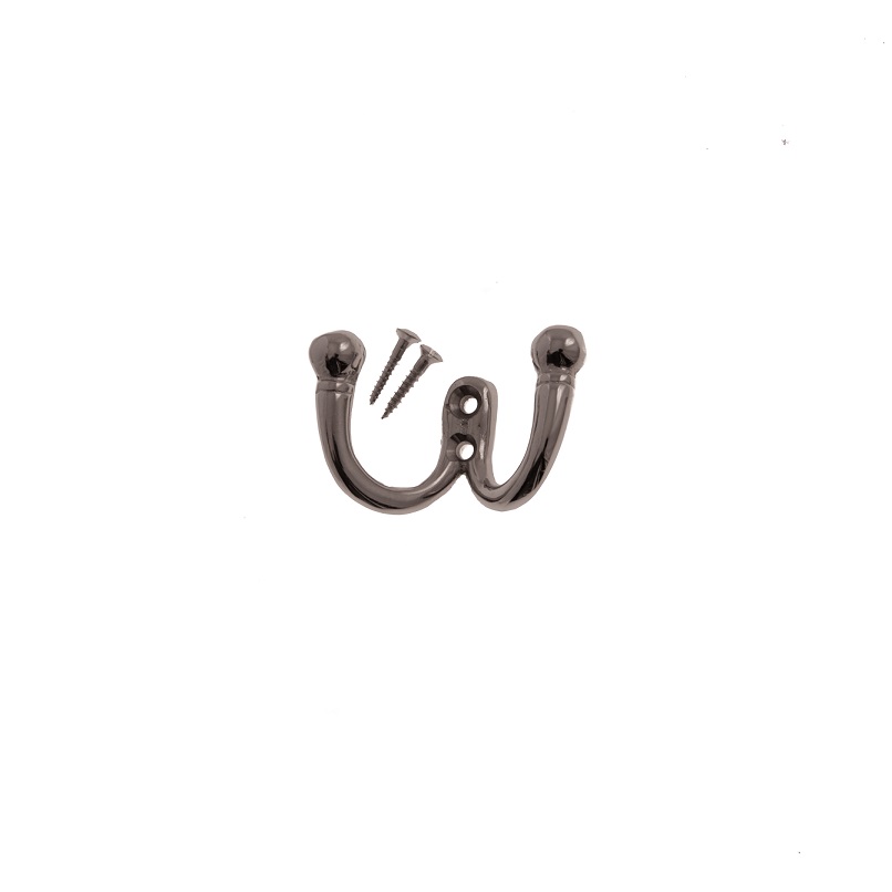 Koukku, tuplakoukku, mustapatinoitu messinki, 65 x 40 mm