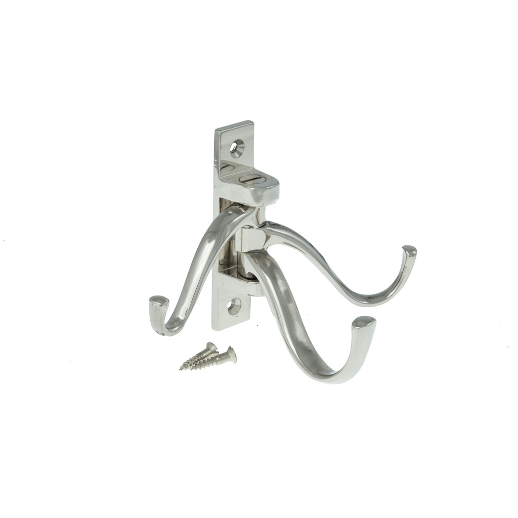 Kolmihaarainen kääntökoukku, niklattu messinki.