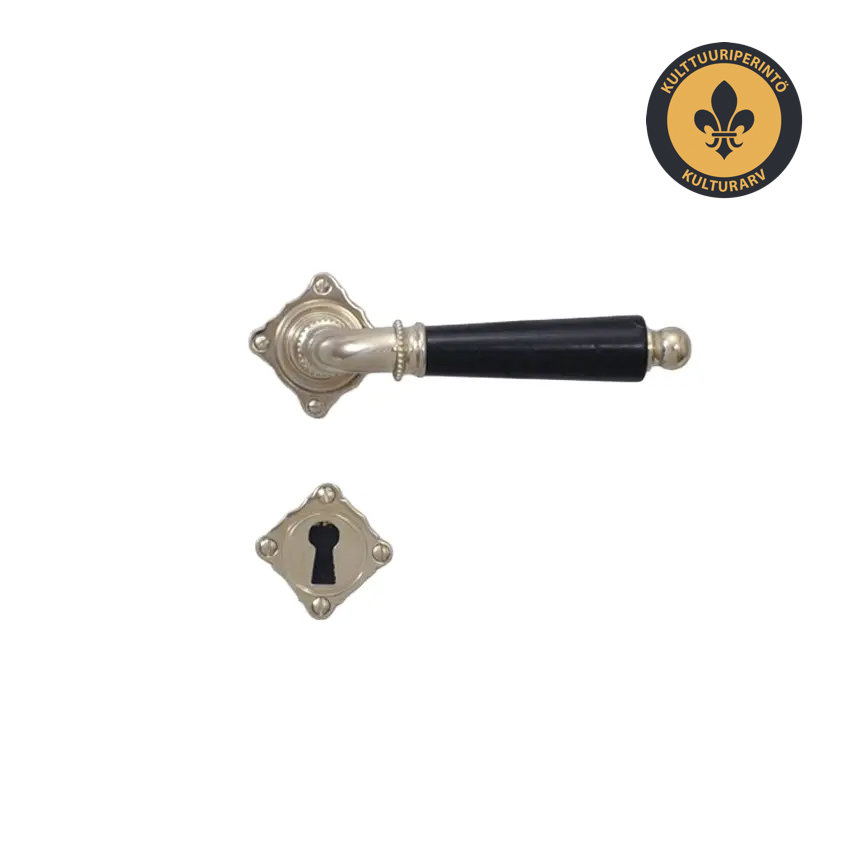 Ovenpainike, Björkboda 25, koristeellinen malli, vanhaan oveen, niklattu messinki ja musta puukahva, avainkilvillä