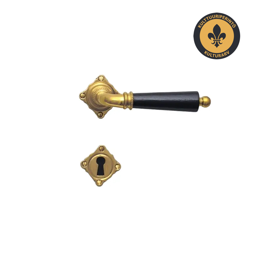 Ovenpainike, Björkboda 25, koristeellinen malli, vanhaan oveen, messinki ja musta puukahva, avainkilvillä