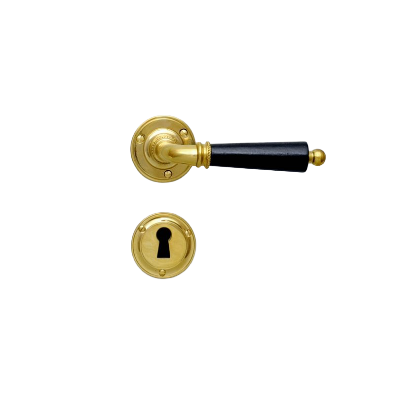 Ovenpainike, Björkboda 25, koristeellinen malli, vanhaan oveen, messinki ja musta puukahva, avainkilvillä