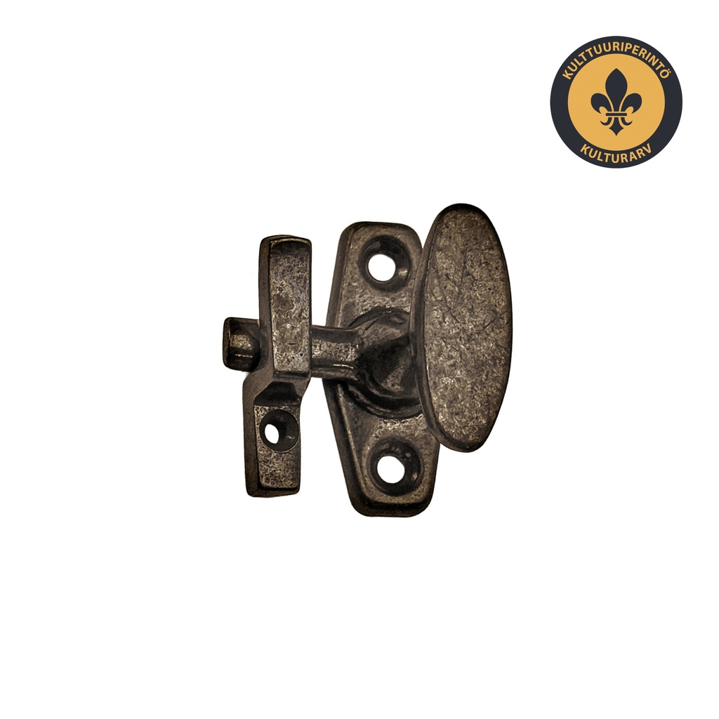 Ikkunasuljin Kellokoski, yksinkertainen. Mustapatinoitu messinki.