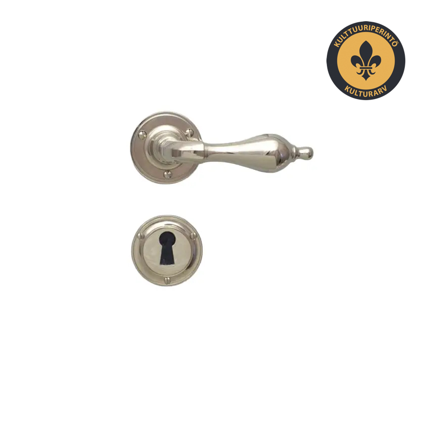 Ovenpainike, klassinen 1800-luvun tyyli, uuteen oveen, niklattu messinki, avainkilvillä