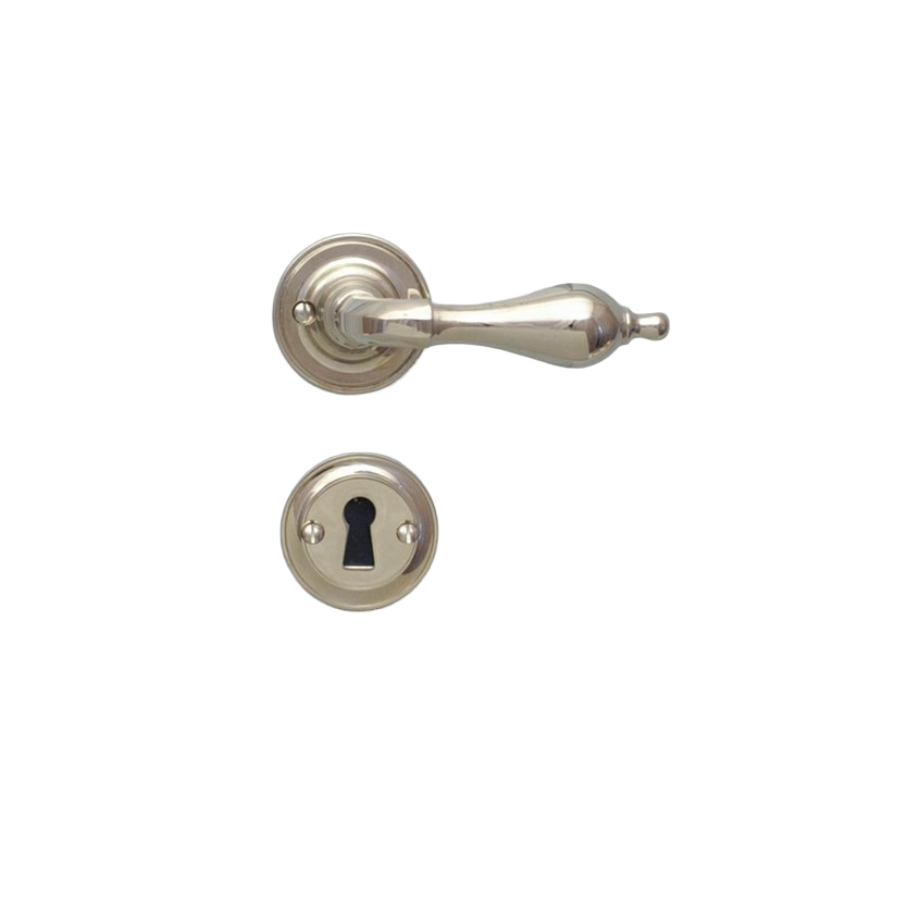 Ovenpainike, klassinen 1800-luvun tyyli, vanhaan oveen, niklattu messinki, avainkilvillä