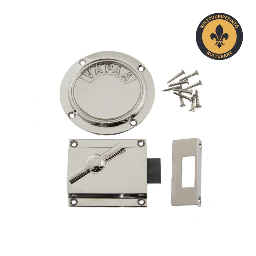 WC-lukko Suomi, näyttö ja lukko, niklattu messinki