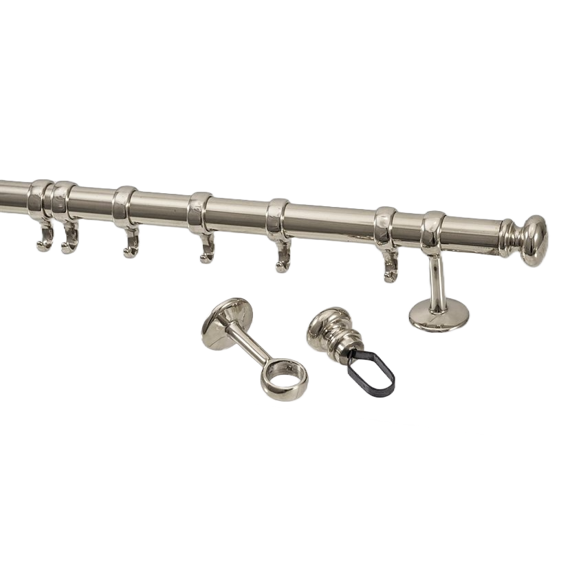 Keittiöreelinki niklattu messinki Sisältää 2 nuppia tangon päihin 2 pidikettä 5 koukkua ja 1000 mm pitkän tangon Tangon voi helposti lyhentää esim rautasahalla Kiinnitysruuvit mukana