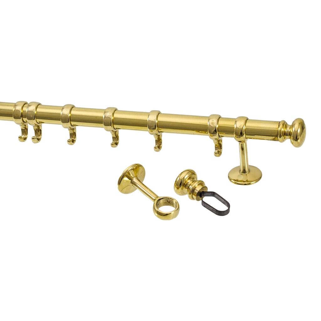 Keittiöreelinki messinkiä. Sisältää 2 nuppia tangon päihin, 2 pidikettä, 5 koukkua. 1000 mm tanko (lyhennettävissä). Sis. kiinnitysruuvit.