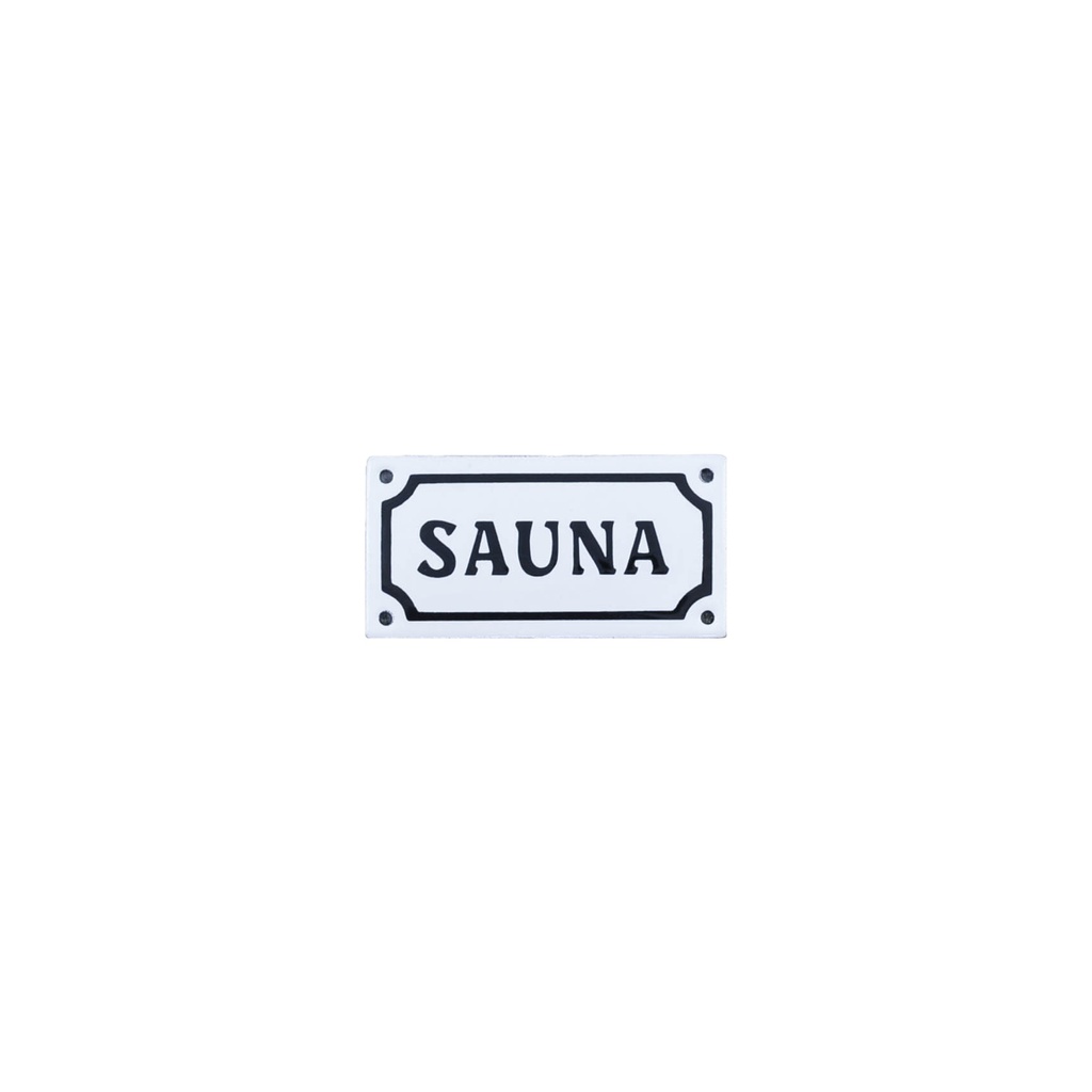 Emalikyltti Valkoinen pohja jossa mustalla teksti Sauna Musta reunus 100 x 50 mm