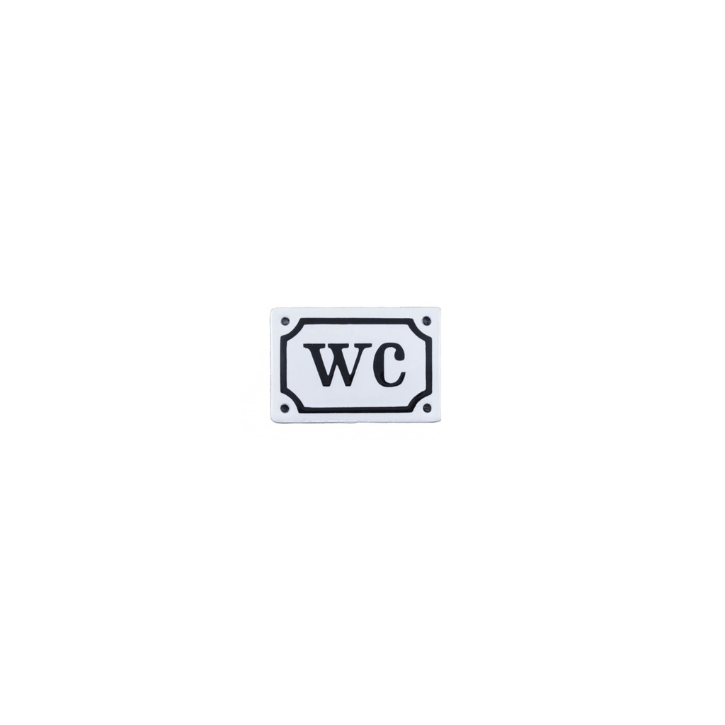 Emalikyltti, valkoinen pohja, musta teksti "WC", musta reunus, 75 x 50 mm