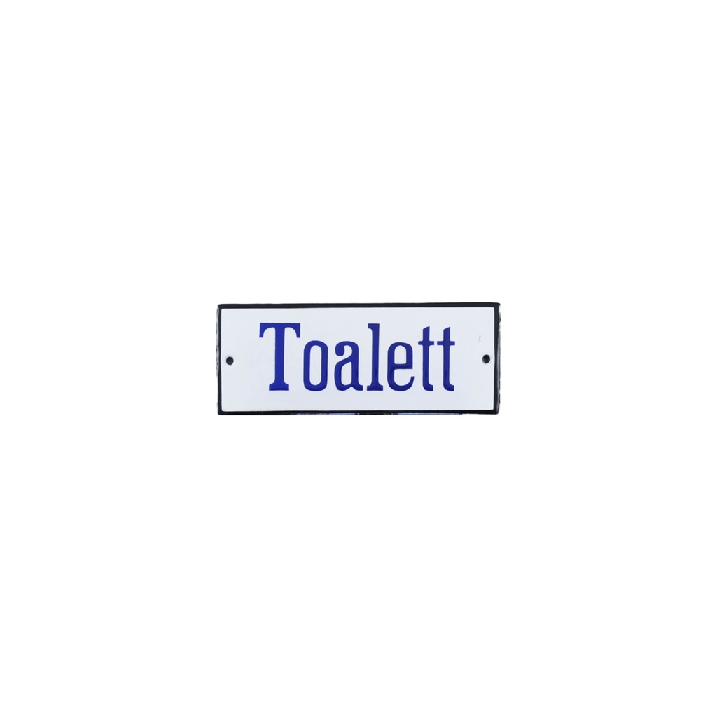 Emalikyltti Valkoinen pohja jossa mustalla teksti Toalett Tummansininen reunus 130 x 50 mm